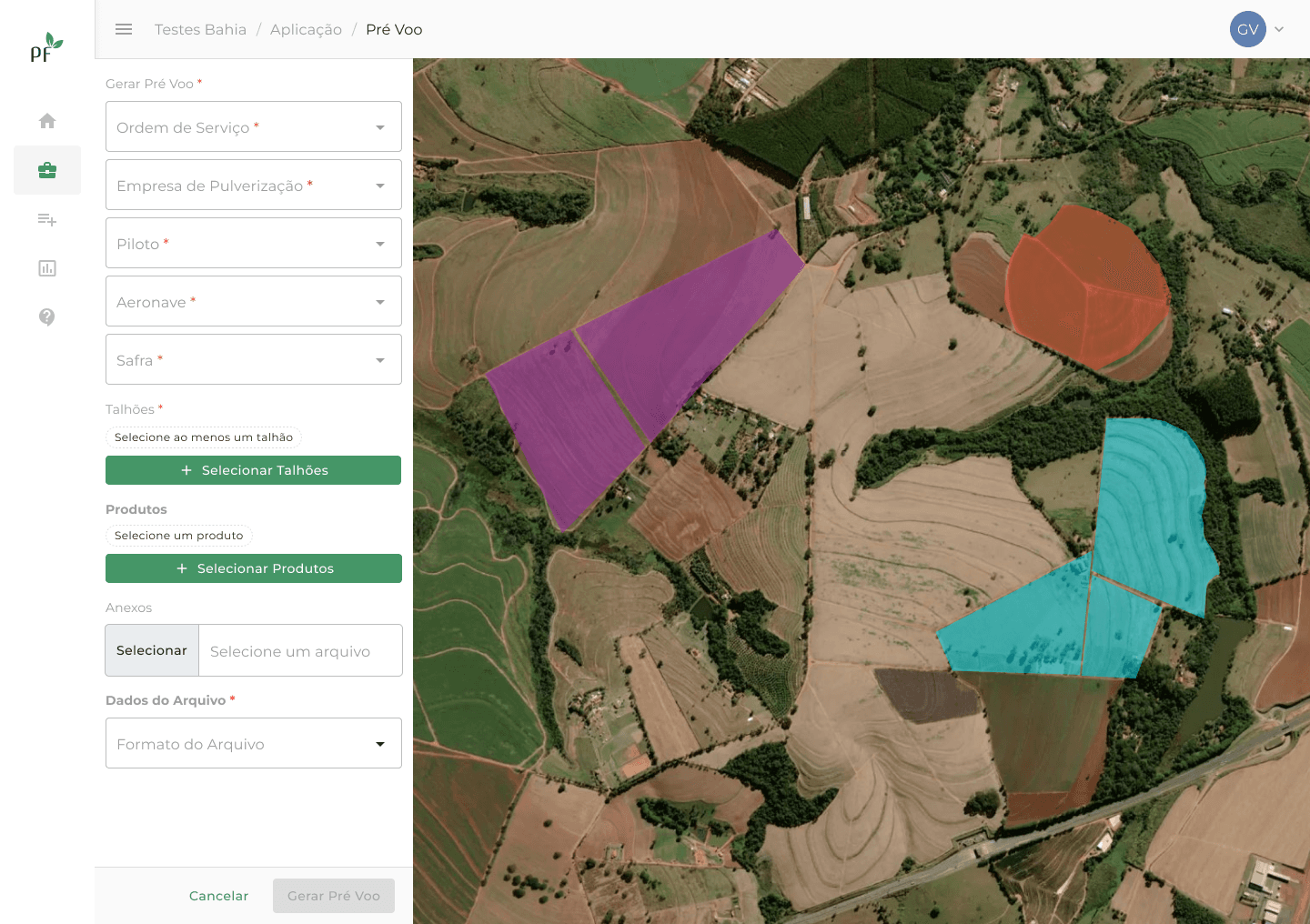 Interface Perfect Flight Pré Voo com formulário de ordem de serviço e mapa de talhões.